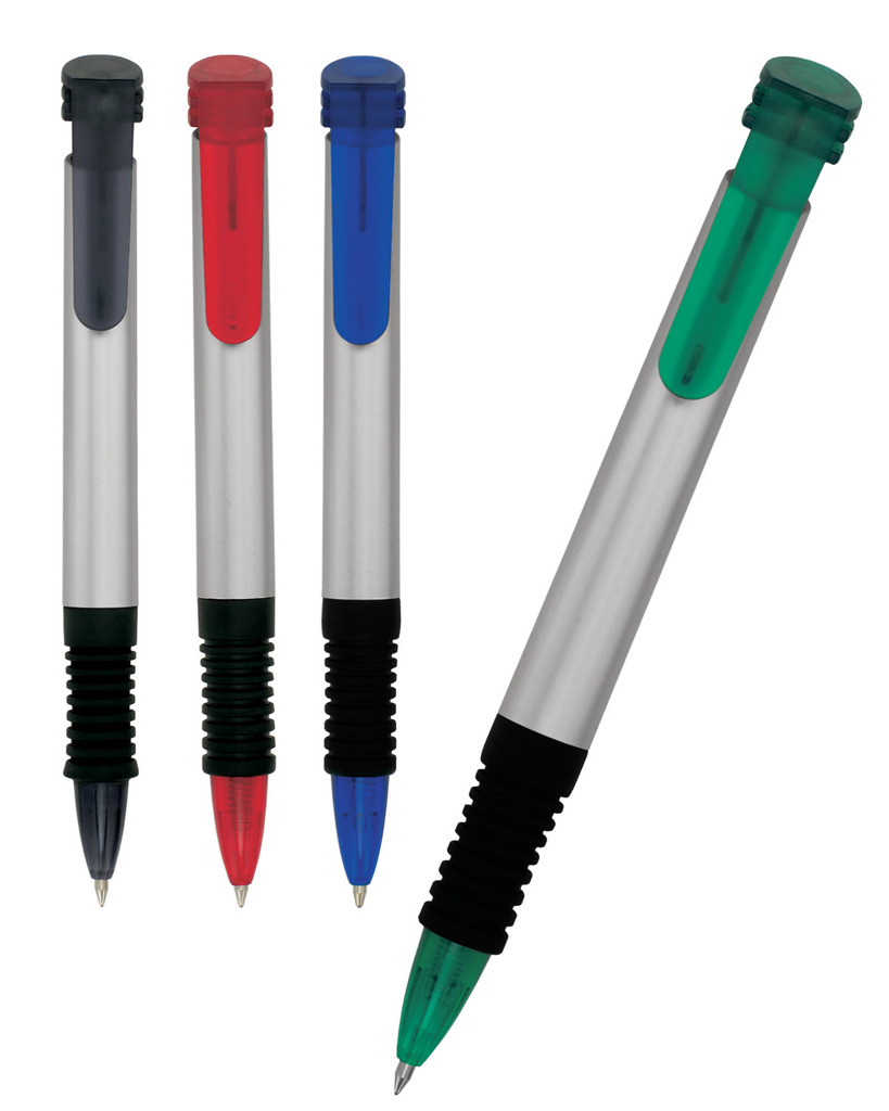 Pen Plastic Silver Barrel Translucent Clip And Rubber Grip Euro