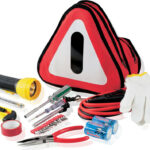 Car Utility Bag With Jumper Leads , Gloves Torch , Spanner And Plyers With Warning Sign