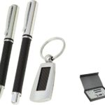 Pen Gift Set Ball Point And Roller Ball Pen With Matching Key Ring Carbon Fibre Gift Set