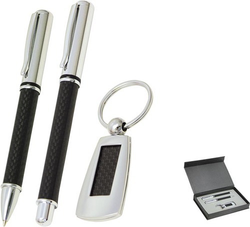 Pen Gift Set Ball Point And Roller Ball Pen With Matching Key Ring Carbon Fibre Gift Set