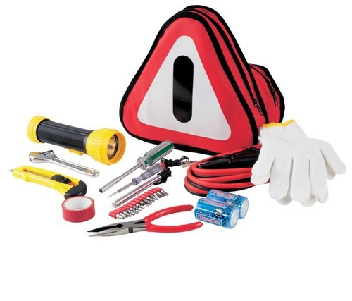 Car Utility Bag With Jumper Leads , Gloves Torch , Spanner And Plyers With Warning Sign