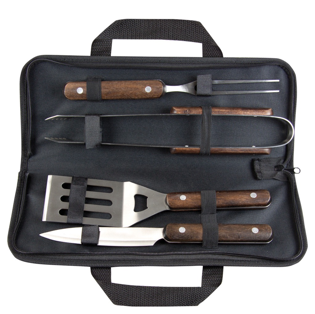 Bbq Tool Set 4 Utensils With Wooden Handles In Black Zippered Case