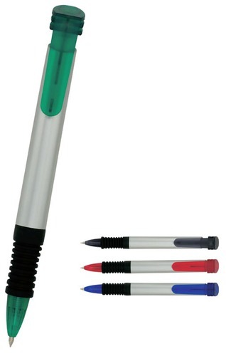 Pen Plastic Silver Barrel Translucent Clip And Rubber Grip Euro